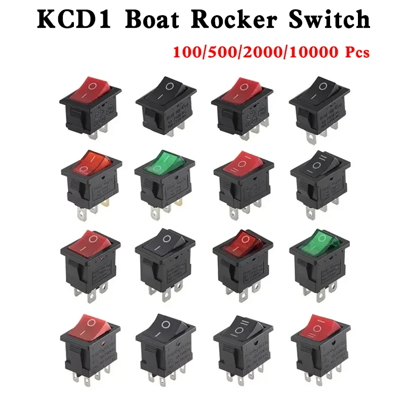 10/10000 Pcs Push Button Switch KCD1 On/Off 2/3/4 Pin 2-Position Snap-in Boat Rocker Switch With Red/Green LED Light 6A AC250V