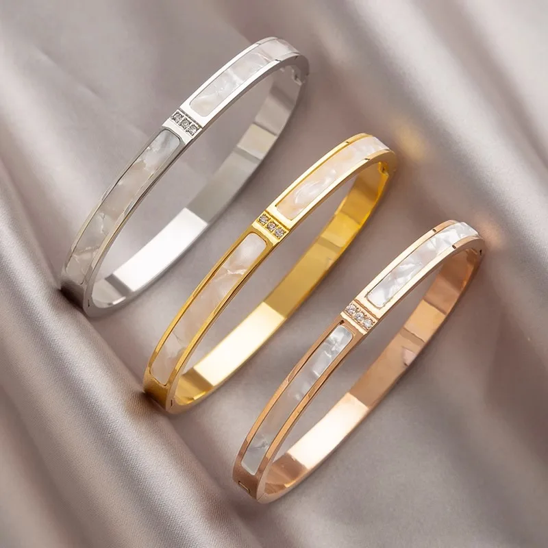 Classic Stainless Steel Open Bangles&bracelets for Women Fashion Brand Jewelry Delicate Shell Crystal Bangles