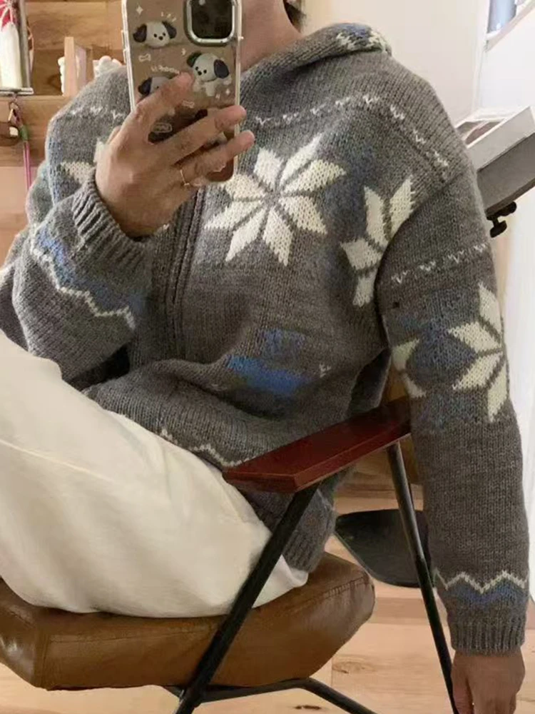 

Women Fashion Pocket Warm Sweater Coats Winter Christmas Snowflake Print Knitted Sweater Casual Hooded Zipper Crochet Cardigan
