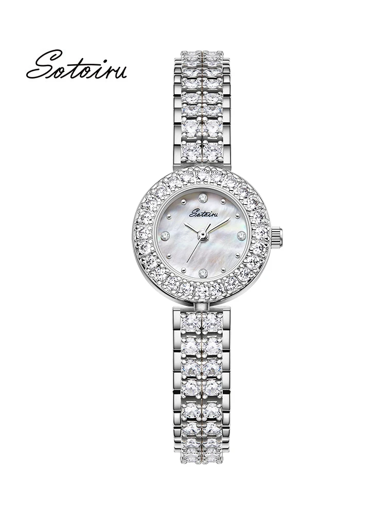 Sotoiru New Ladies Watches Women Luxury Silver Dress Watch Modern Round Quartz Wristwatch With Full Zircon Inlay Gifts For Women