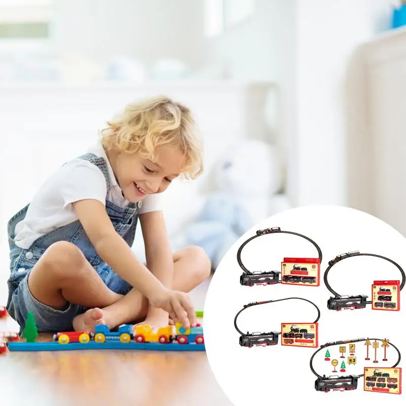 Electric Retro Train Set with Lights Educational Toys Railway Tracks Steam Locomotive Engine Diecast Model for Boys Girls gifts