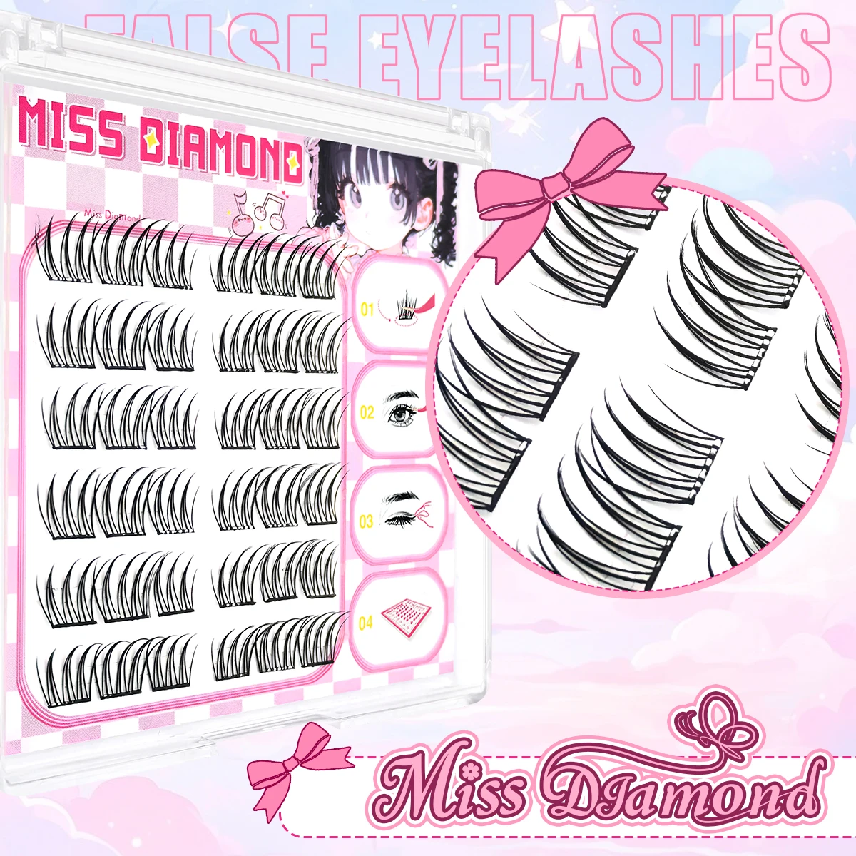 6 Reihen Selbstklebende, kleberfreie Cluster-Wimpern, gemischte Längen, Manga Cat Eye Einzelwimpern