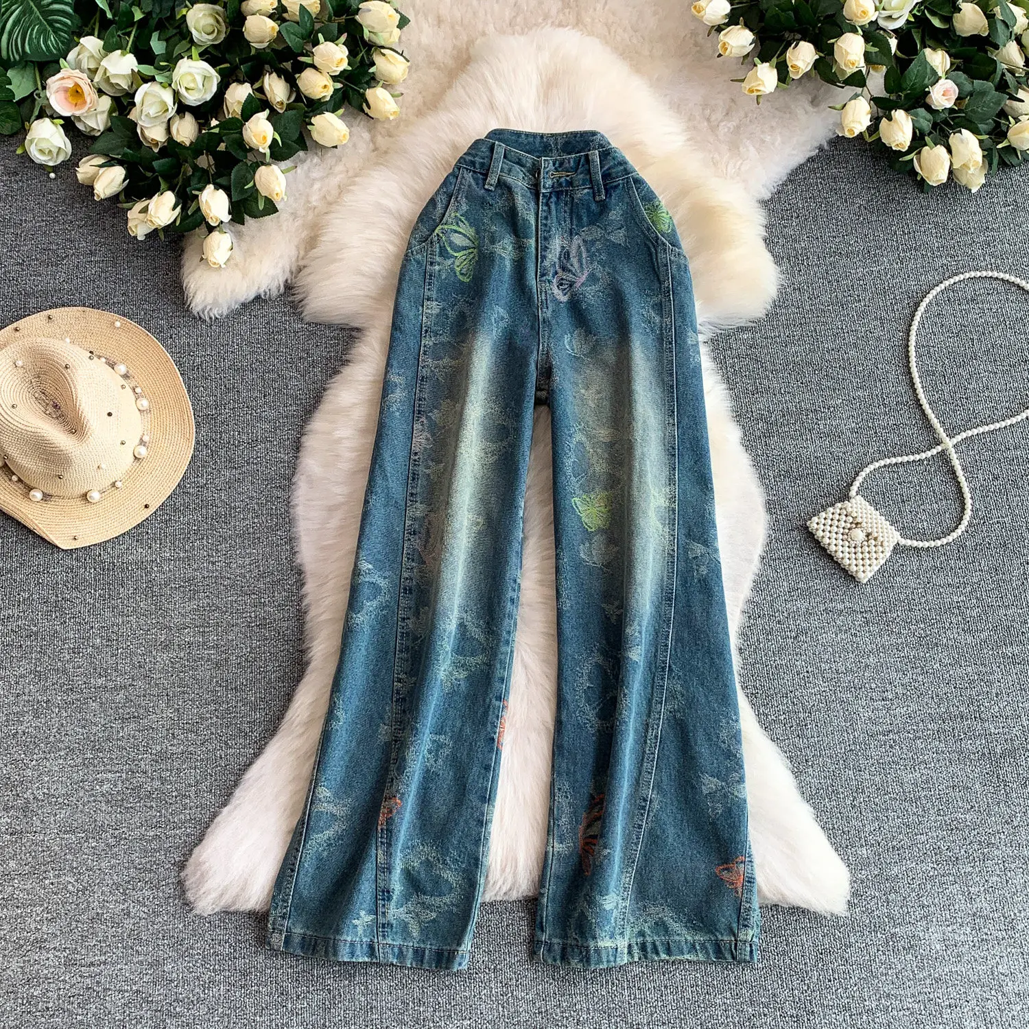 Butterfly Print Women's Jeans 2026 Autumn American Style High Street High Waist Pants Spicy Girls Straight Wide Leg Trousers