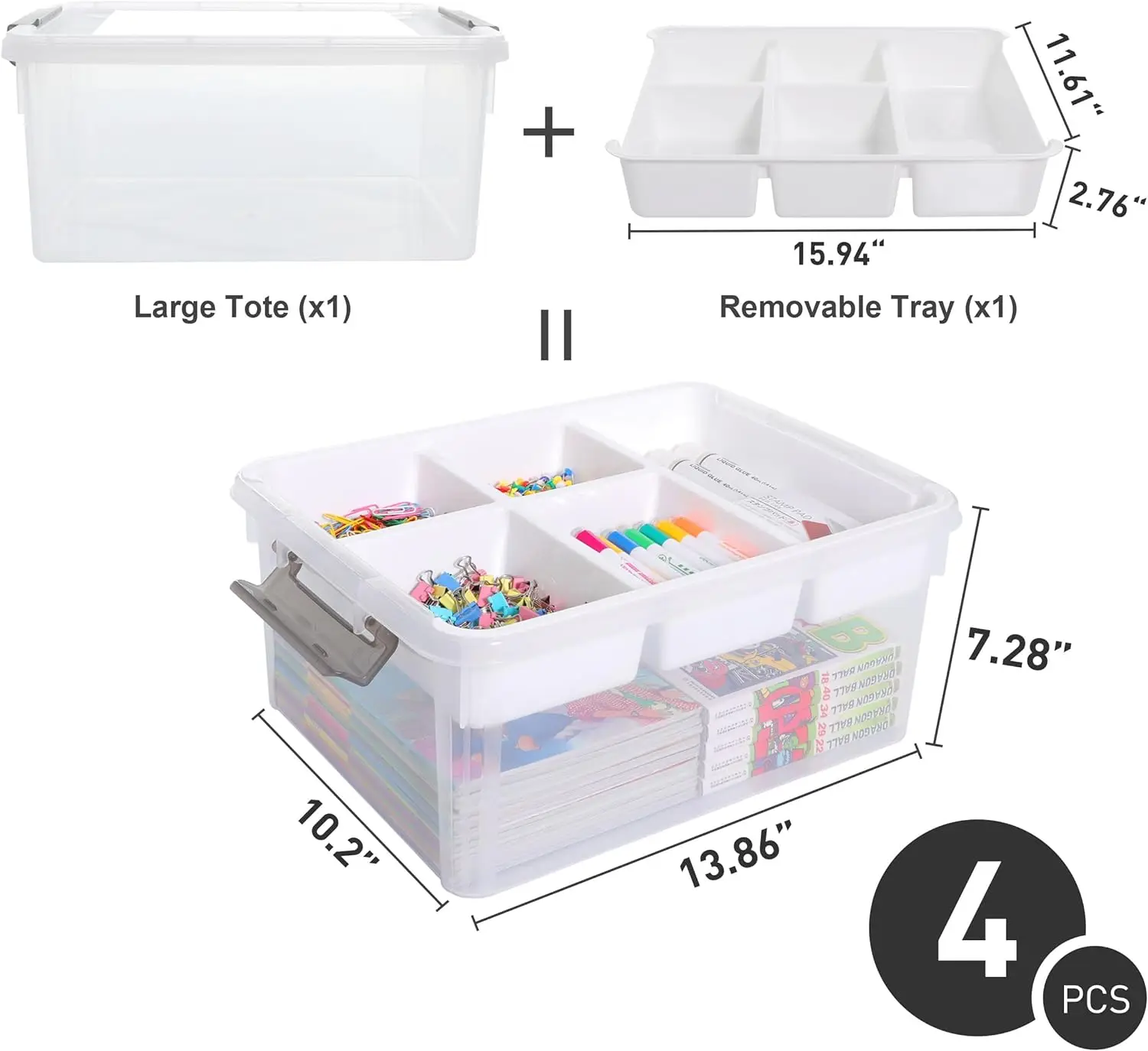 17 QT storage box with detachable tray, closet organizer, and transparent storage container, 4 packs