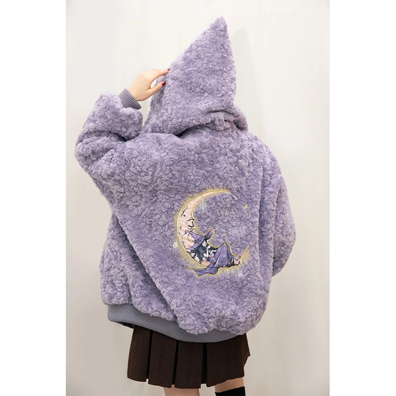ELFSACK Women Short Hooded Jacket Winter Faux Wool PU Plush Warm Jacket Korean Street Casual Outerwear