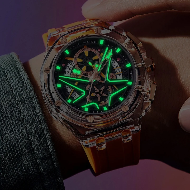 ساعة كوارتز رجالية فاخرة الراقية حزام مطاطي مقاوم للماء ساعات مضيئة رجالي الرياضة التقويم ساعة اليد الذكور Montre أوم