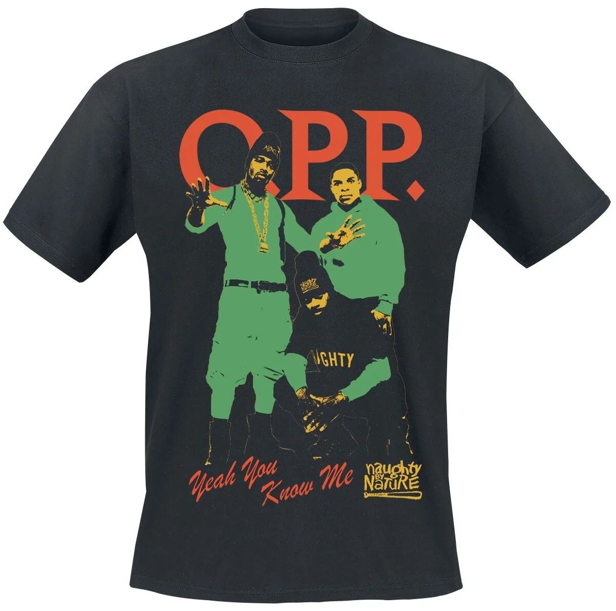 Naughty By Nature Yeah You Know Me Tee, Retro Hip Hop T-Shirt with Bold Red Green Print & Classic Member Pose for Fans