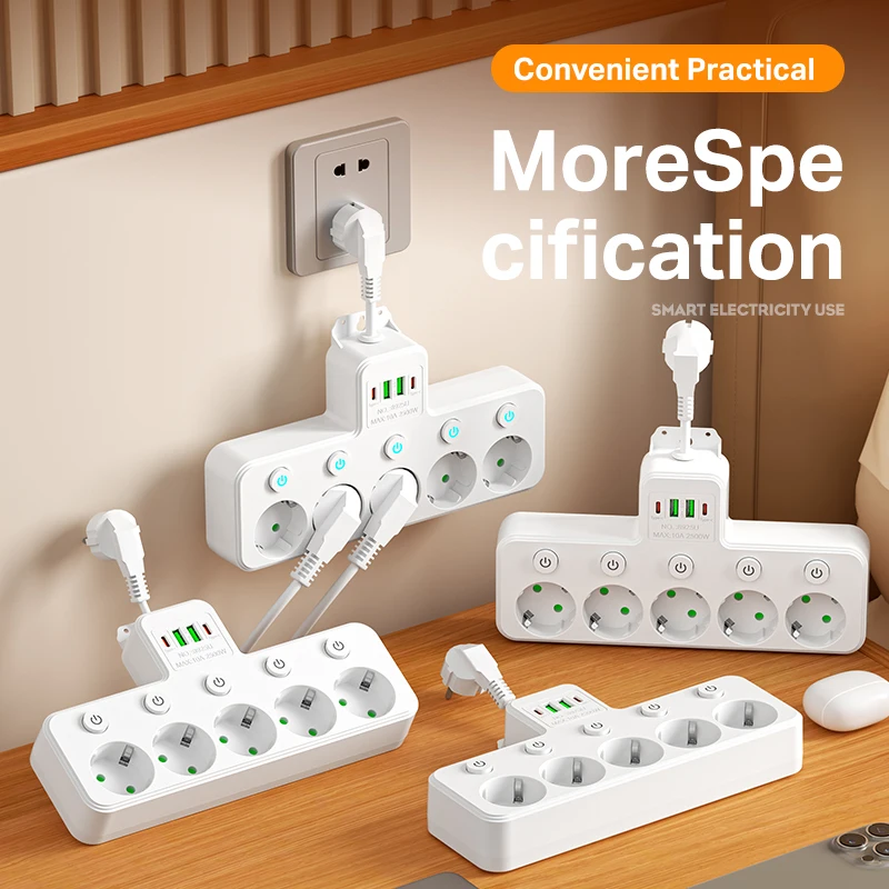 

EU plug socket with flexible short wire, 5 power sockets, with or without USB TyPe-C interface, available in two specifications