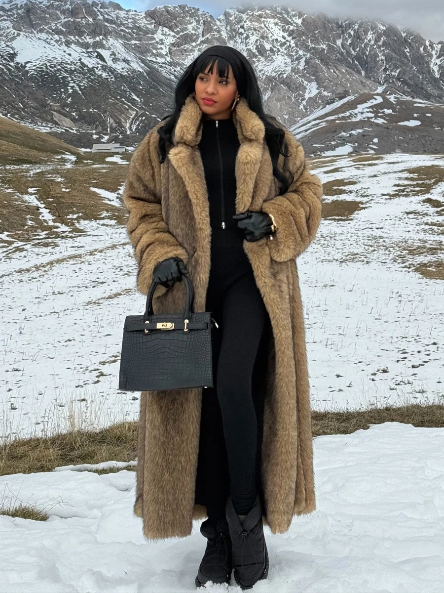 Luxury Camel Fluffy Faux Fur Coat Women 2026 Winter Warm Long Jacket Lapel Collar Open Front Maxi Outwear Elegant