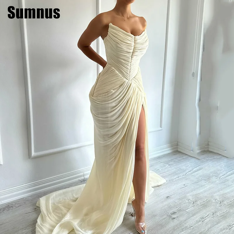 

Sumnus Modern Mermaid Beige Prom Dress Boat Neck Sleeveless Pleats Party Dresses Side Slit Evening Dress Gala Customized