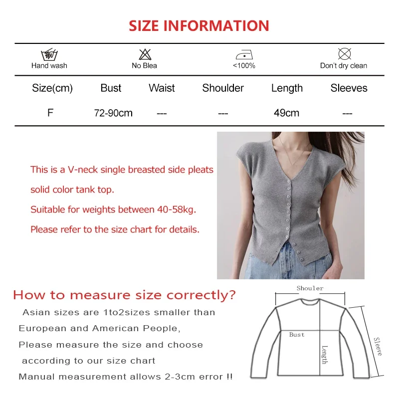 Women New Casual V-neck Single Breasted Slim Tank Top Pleated Solid Sleeveless Knit Camisole Elastic Simple Thin Crop Top Summer