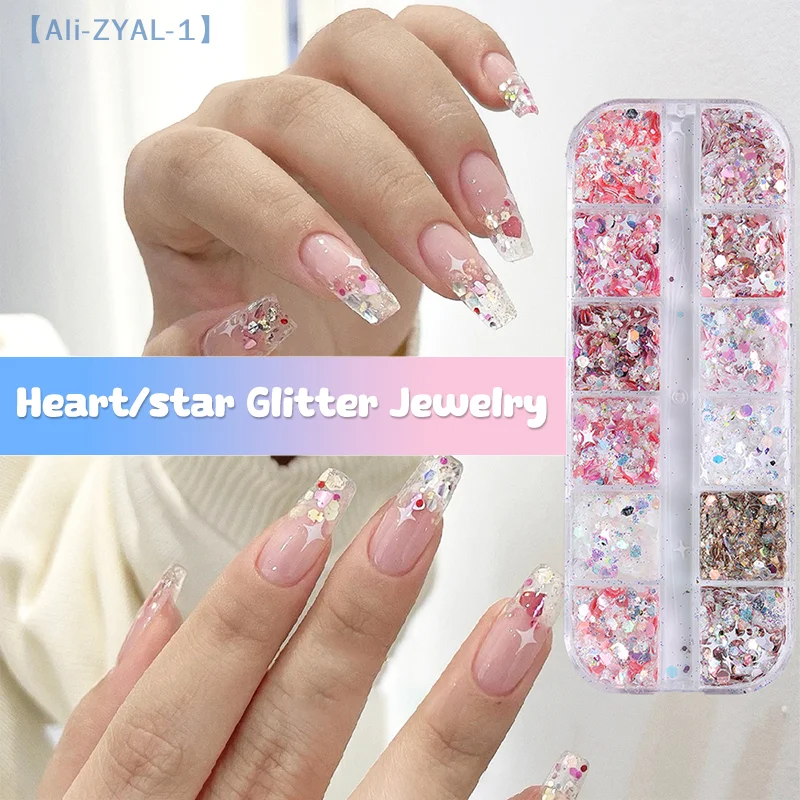 【ZYAL-1】글리터 스팽글 믹스 12칸 별 하트 모양 컬러풀 네일 스팽글 반짝이는 쉐이커 플래키트 네일아트