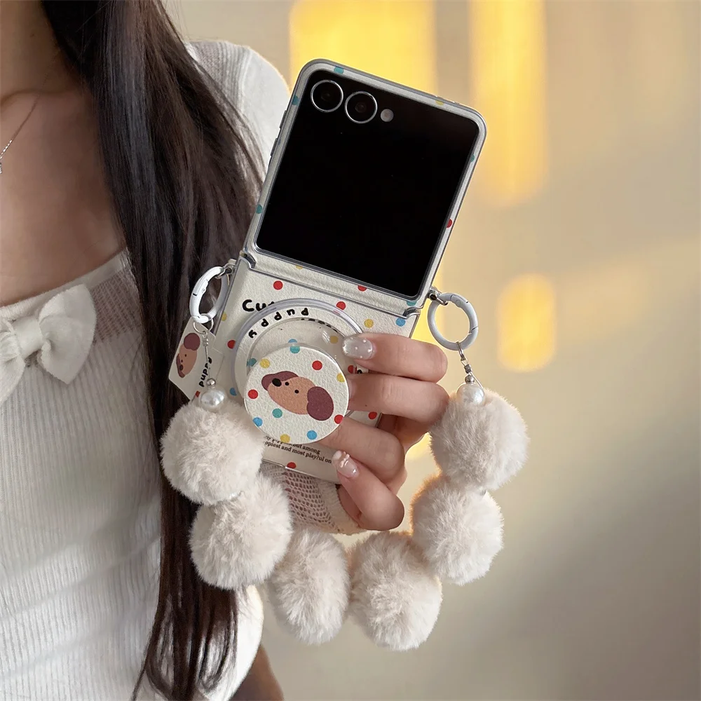 Cute Colorful Polka Dot Dog Magnetic Phone Case With Holder Chain For Samsung Galaxy Z Flip8 7 6 5 4 Flip3 for Magsafe Cover