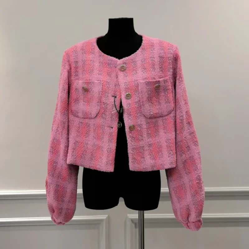 

Women Pink Lantern Sleeve Tweed Coat Autumn Small Fragrance Loose Casual Plaid Sweet Wild Korea Chic Female Short Jacket