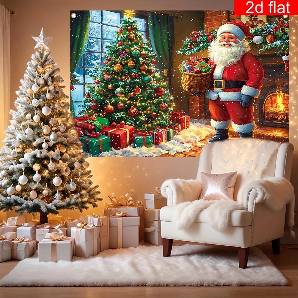 1 لافتة خلفية للتصوير الفوتوغرافي لعيد الميلاد المجيد - تصميم سانتا كلوز وشجرة عيد الميلاد، مع 4 فتحات لسهولة التعليق #5
