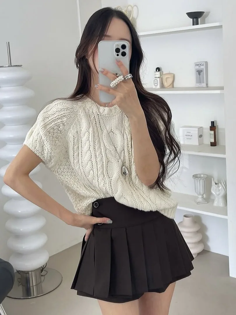 

Korean Style round Neck Knotted Short Sleeve Women's Knitwear Versatile Elegant Design Spring New Arrival Casual Top