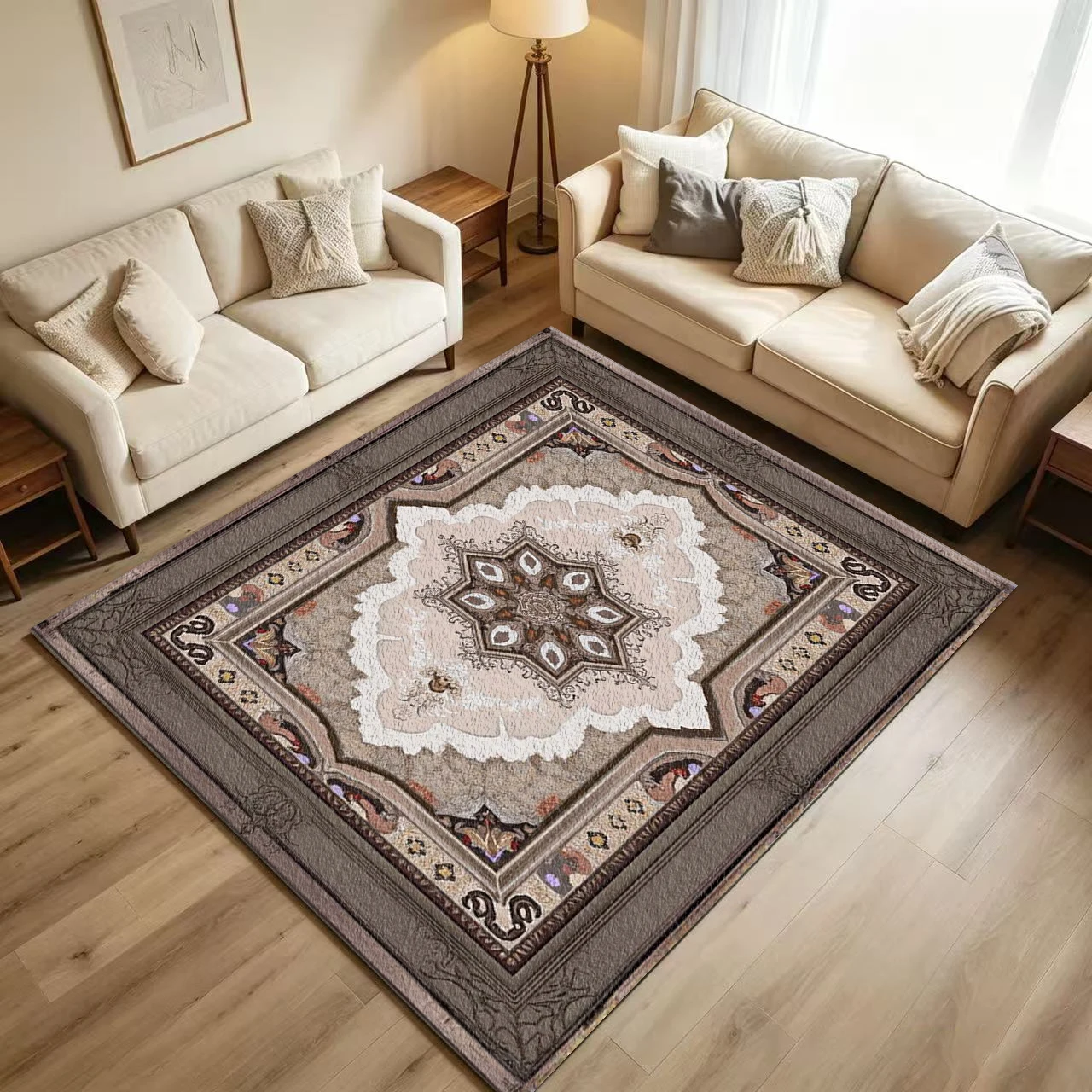 Luxury Classic Medallion Carpet Flooring, Vintage Ornate Border Area Rug Non-Slip Floor Covering for Living Room Hallway