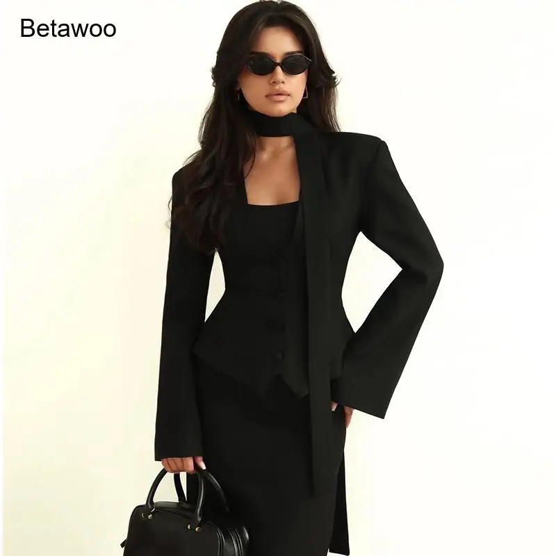Women's Elegant 3 Piece Suit Set Blazer Vest and Choker Neck Top Slim Fit Formal Office Lady Business Work Wear Solid Color