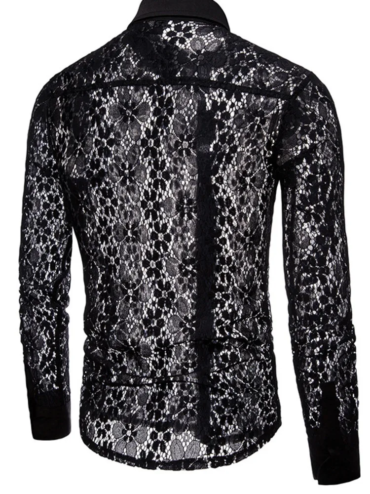 #4668 Black White Lace Mens Shirts Long Sleeve Sexy Thin Hollow Out See Through Clothes Party Night Club Dance Streetwear Shirts