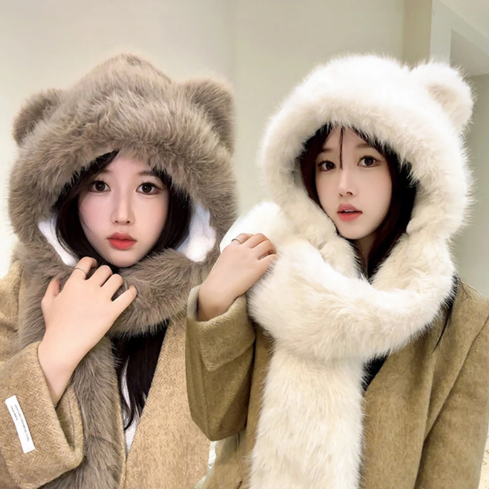 

HT4563 Thick Warm Winter Hat with Scarf Solid Plain Fluffy Fur Hat Scarf Set Women Cute Ears Ski Earflap Cap Female Russian Hats