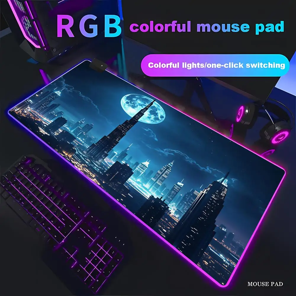 Cyberpunk Future City Large Mouse Pad Neon Night View Gaming Desk Mat Anti-slip Lock Edge Keyboard Pad XXL Desktop Mat