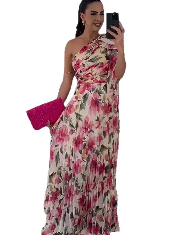 Sexy Floral Print oulder Bared Dr Street Sle A-Line Skirt Polyester Fiber Svel Women's Dr Wedding Scene