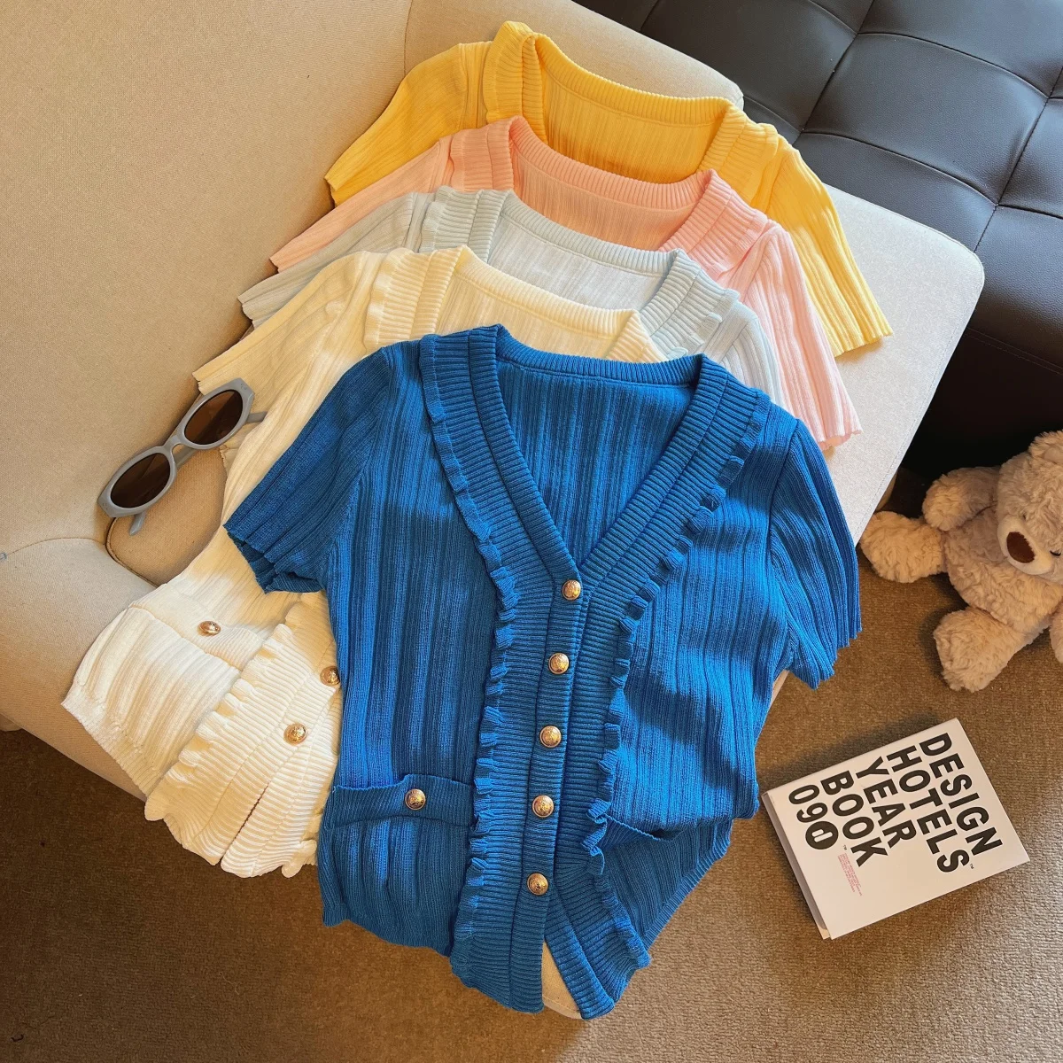 

Short Blue Knit Cardigan Women V-Neck Ruffled Crop Top with Pockets French Style Casual Jacket