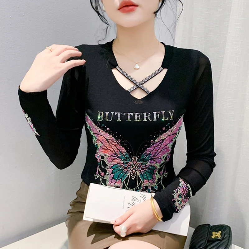 2024 Autumn New T-Shirt High End Luxury Diamond Studded Ice Silk Mesh Tee Fashion Versatile Bottom Shirt Women's Top