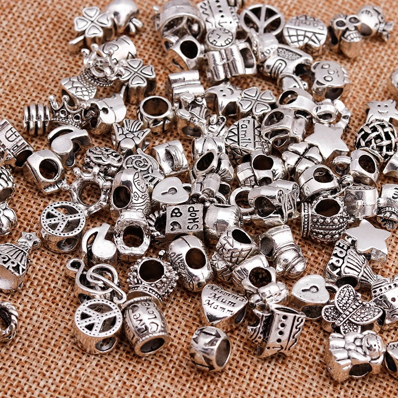Leslie 25 Stück zufällige gemischte silberfarbene Legierungs-Charms-Perlen für Marken-Charms-Armbänder, Halsketten, mehr als 1000 Stile – Detail 9