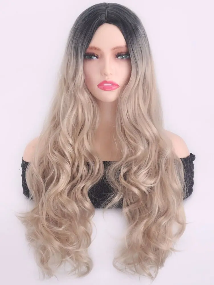 100% Human Hair New Women\'s Long Natural golden blond Wavy Full 28 Inch Wigs