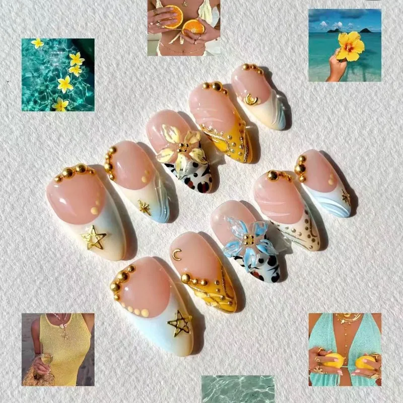 

24PCS Summer Blue Gradient French False Nails with Golden Star 3D Yellow Flower Almond Fake Nails for Women Beach Vacation Style