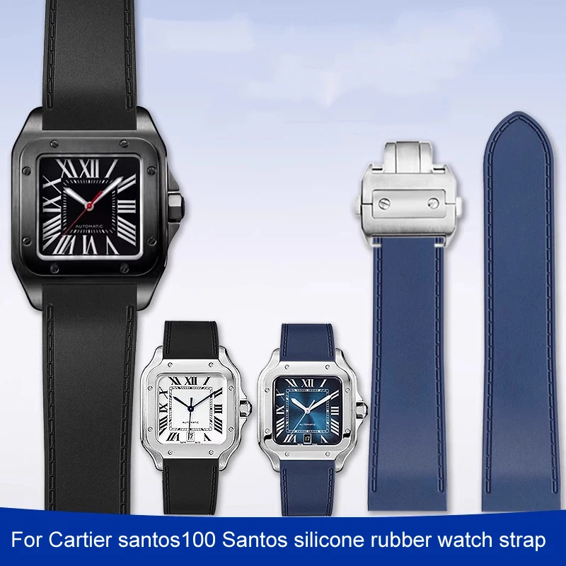 23mm 25m For Cartier santos100 Santos silicone rubber watch strap santos 100 Metal buckle watchband men Black blue soft bracelet