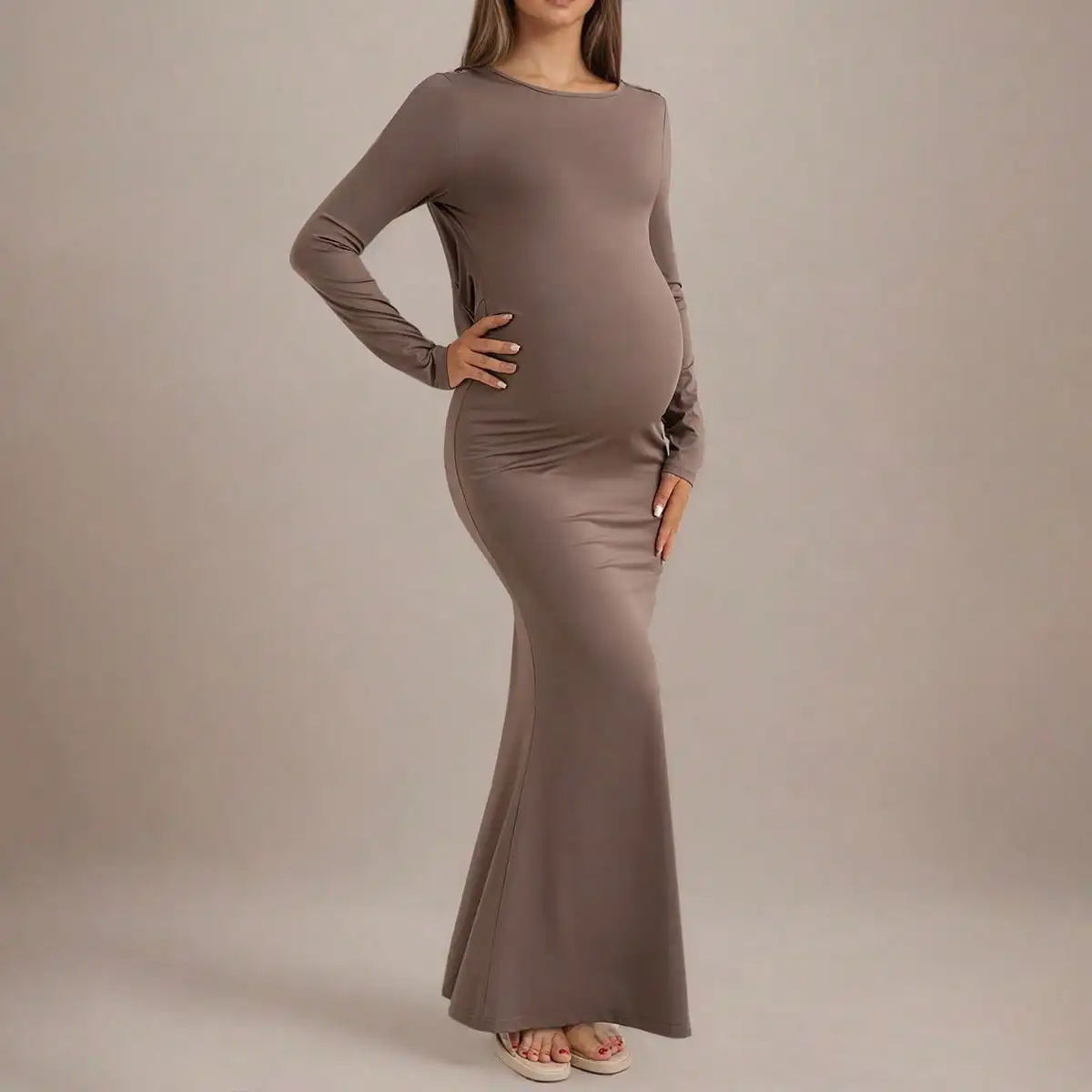

Женское облегающее макси-платье для беременных с длинным рукавом, эластичное, цвета тауп, с подолом «русалка», для вечеринки в честь рождения ребенка, фотосессии для беременных
