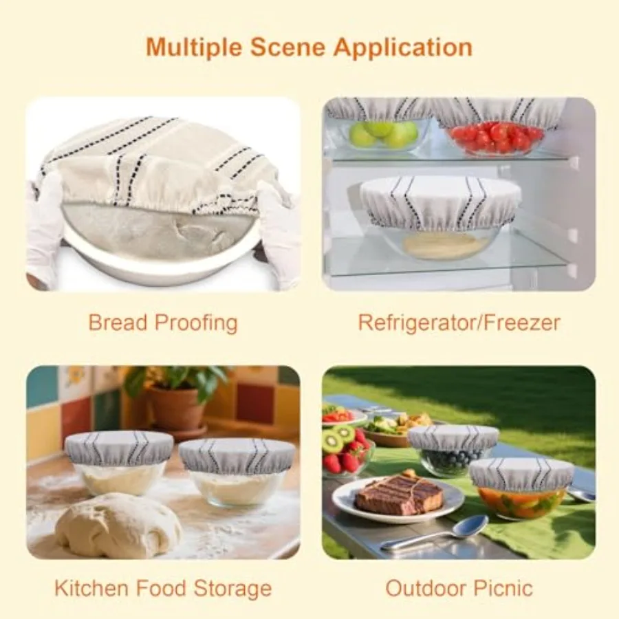 أغطية أوعية قابلة لإعادة الاستخدام لتدقيق الخبز 9 10 13 Ihes غطاء عازل للخبز 3 قطعة غطاء طعام من القطن الكتاني لتدقيق العجين المخمر