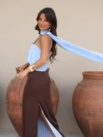 Color Blocking Scarf Collar Suspender Women Maxi Dress Spaghetti Strap High Split Floor Length Evening Dresses Lady Party Robes 4