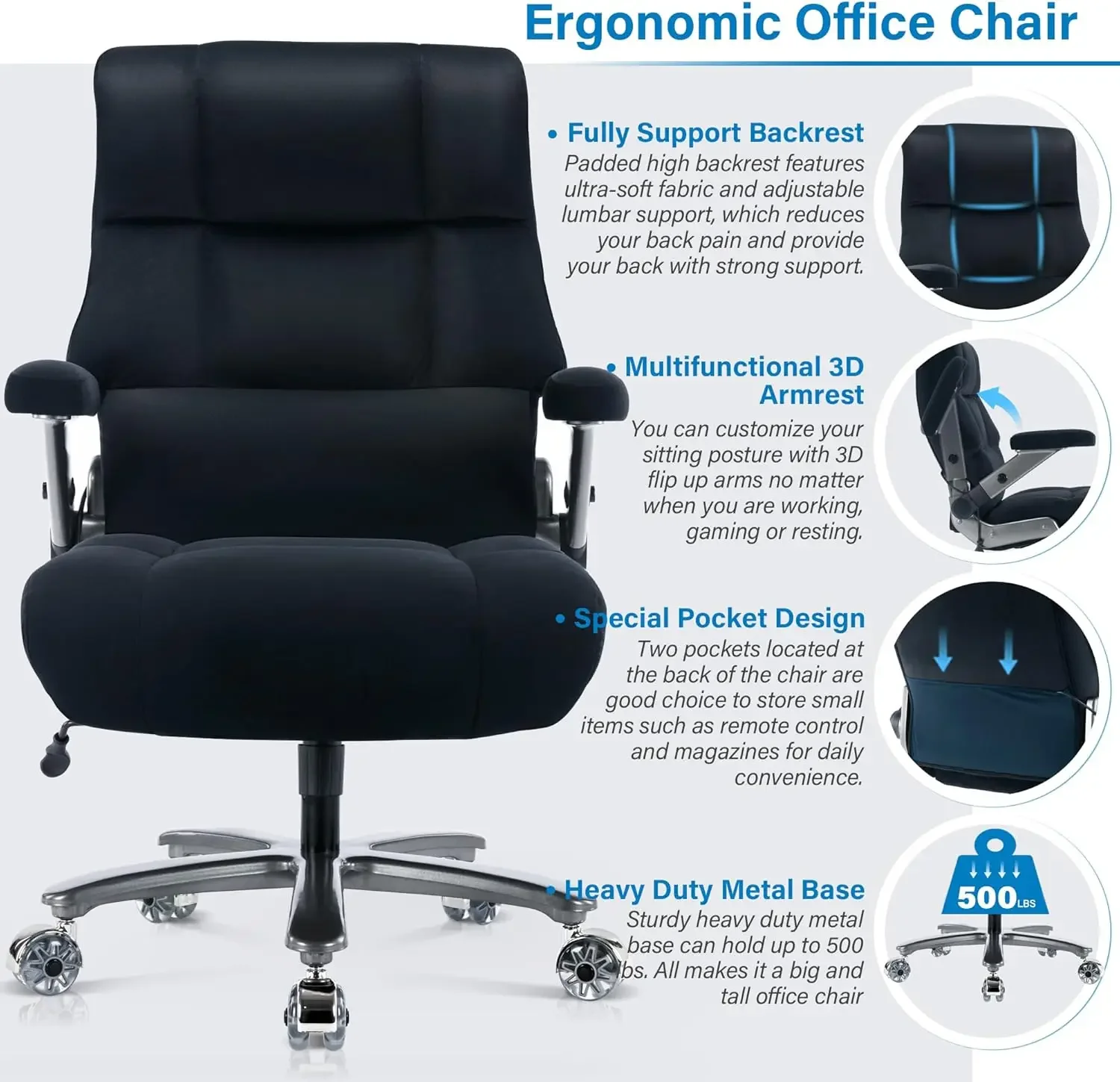 Big and Tall Office Chair 500lbs- Executive Desk Chair with Adjustable Lumbar Support 3D Flip UP Arms- Heavy Duty Quiet Wheels