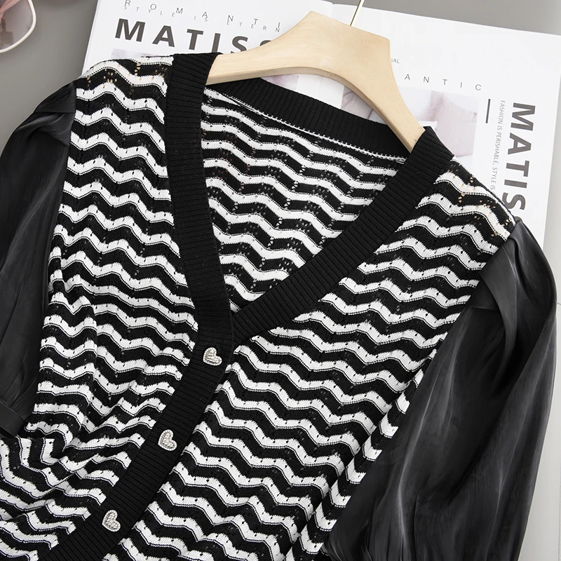 

Тонкий вязаный кардиган-топ с V-образным вырезом, полосками и ажурными элементами, с короткими рукавами, в стиле High-Defn Small Fraance Sle