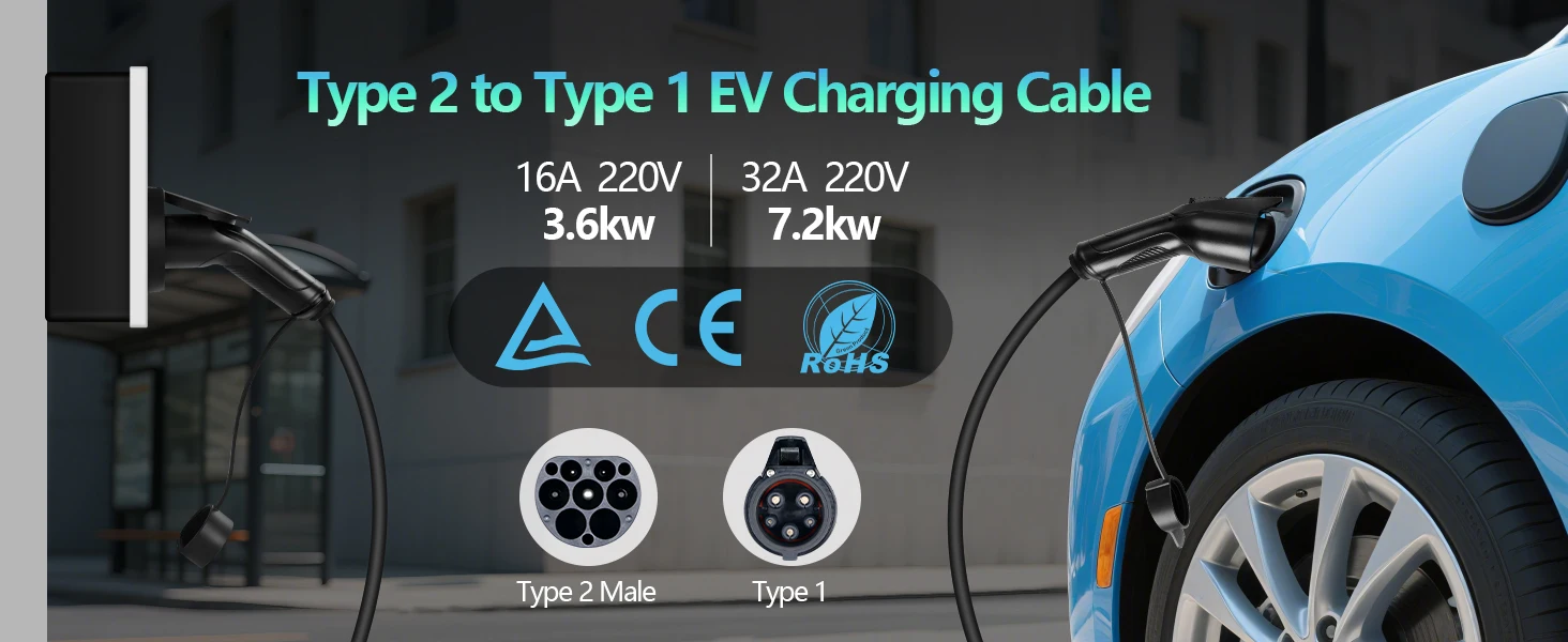 Ev Ladekabel j1772 Typ1 bis Typ2 Buchse zu Stecker 32a 16a 3m/3,5 m Elektro fahrzeug kabel für öffentliche Ladestation – Detail 1