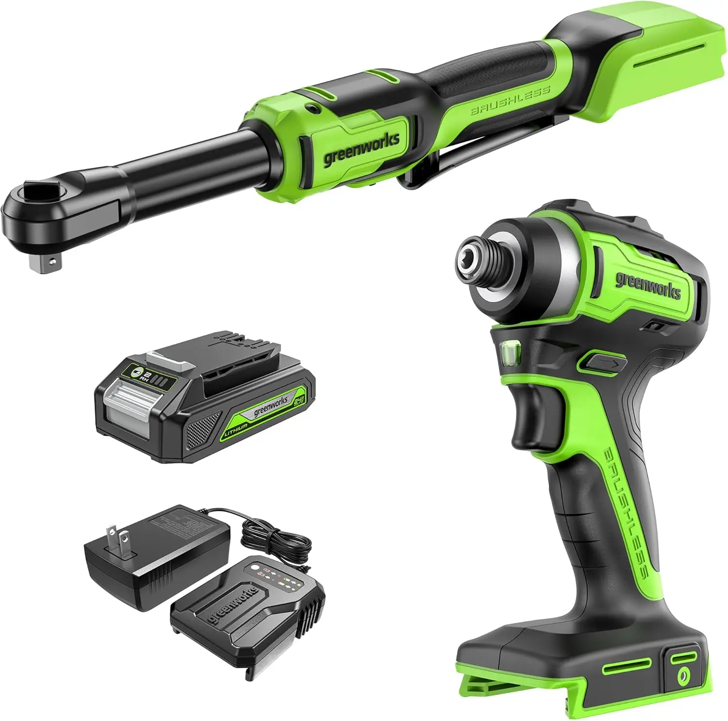 

24V Brushless 2-Tool Combo Kit,Cordless 3/8" Ratchet Wrench+1950 in./lbs Impact Driver Power Tool Sets Including Battery