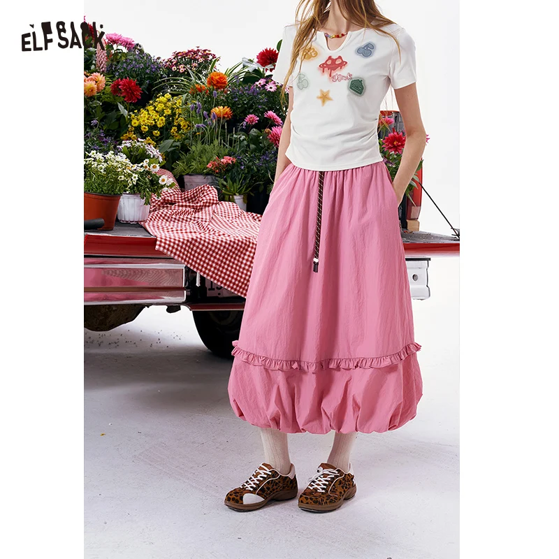 ELFSACK Women's High Waist Bubble Hem Midi Skirt, Casual Versatile A-Line Skirt, Ruffle Trim Drawstring Waist Woven Skirt
