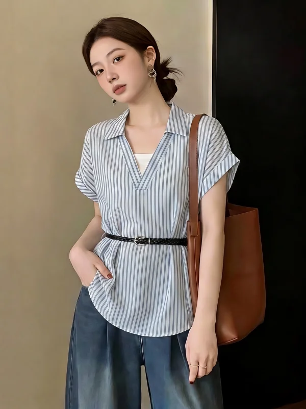

Elegant Striped V-Neck Short Sleeve Shirt Women's plus Size Mid-Length Waist-Cinching Top Korean Style Commute Fashion