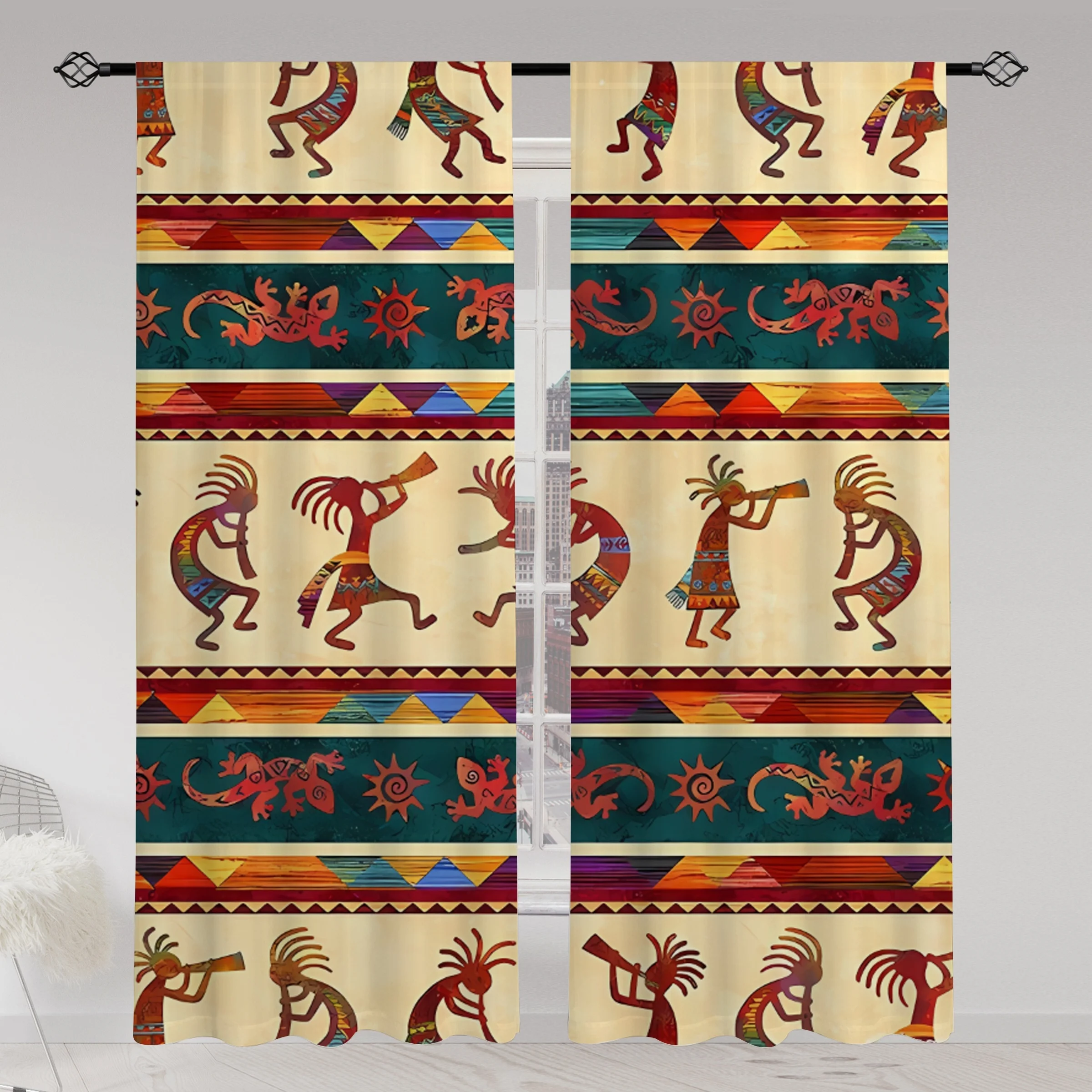 2PCS Digital Printed Curtains, Ethnic Shadow Puppet Pattern, Beautiful Window Drapes for Living Room Bedroom Home Decor