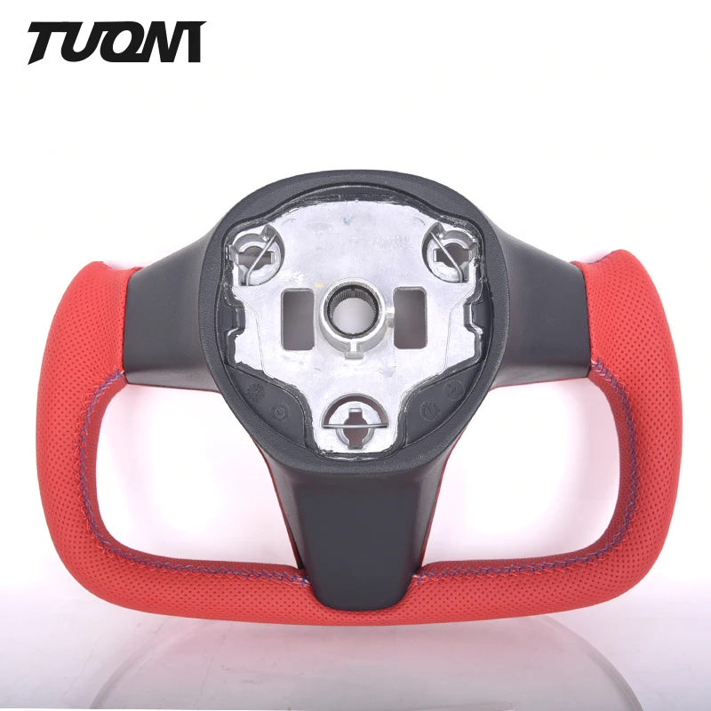 Customization Carbon Fiber Yoke Shape Red Perforated Leather For Tesla Model 3 Model Y Steering Wheel Heating