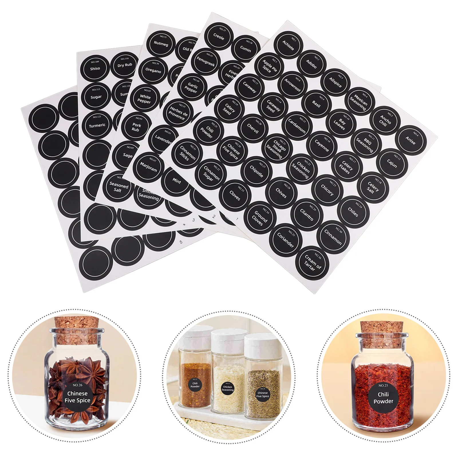 

20 Sheets Round Spice Labels Waterproof Preprinted English Stickers for Spice Bottles Jars Kitchen Storage Containers Household