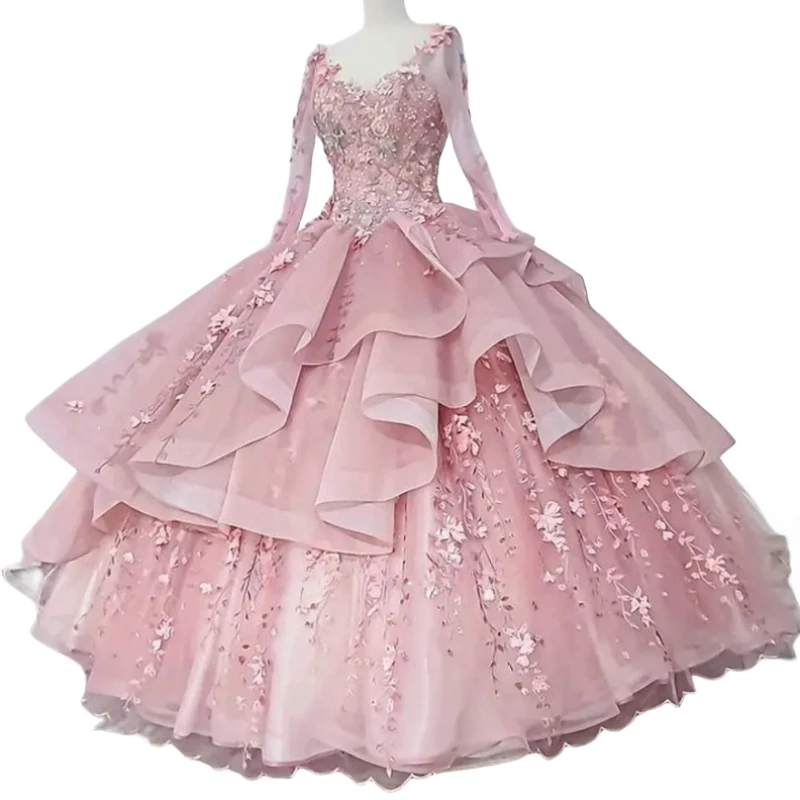 Customized Pink Long Sleeve Prom Dresses For 15 16 Year Old Girl Special Occasion Party Gown vestidos de 15 quinceañera 2024