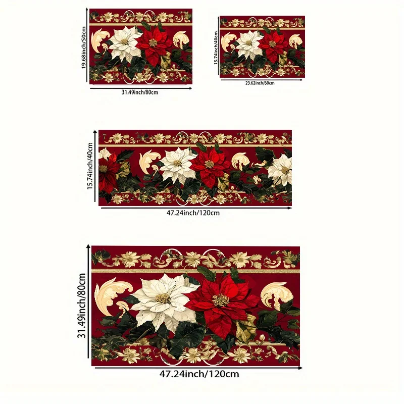 Christmas Poinsettia Floral Kitchen Mat Decor Non-Slip Laundry Room Mats Hallway Balcony Rugs Bedroom Mat Christmas Decorations