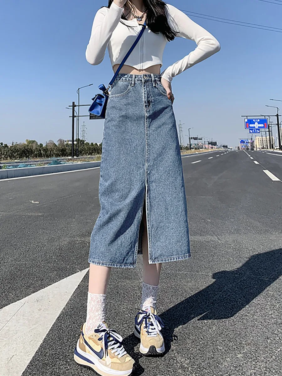 Split Denim Skirts For Women Spring Autumn Vintage High Waisted 2024 New Casual Distressed A-Line Mid Length Skirt Summer Faldas