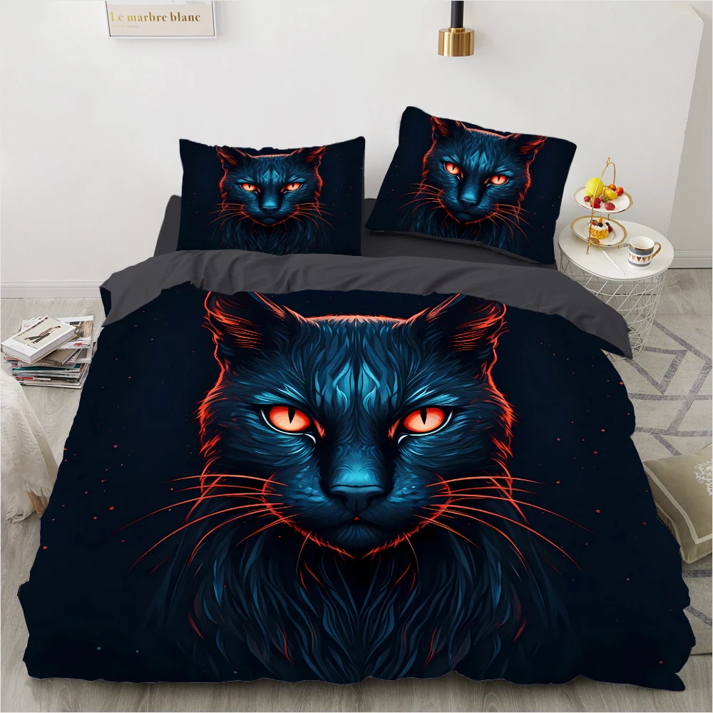 3D Printed Cat Red eyes Duvet Cover Set - Ultra Soft Bedding Set for Youth, Twin/Full/Queen/King Size 140x200cm, Animal Design