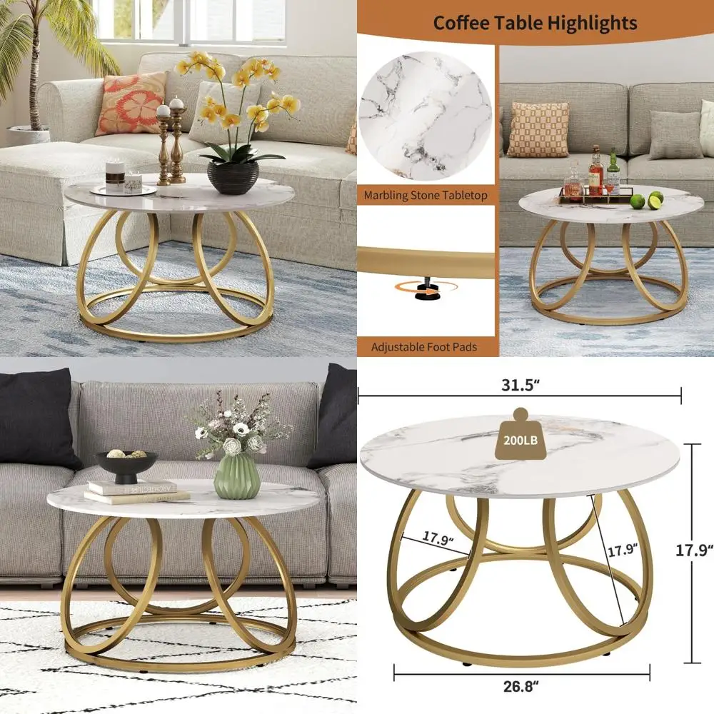 

Modern Living Room Coffee Table with Natural Marble Effect and Gold & White Accents