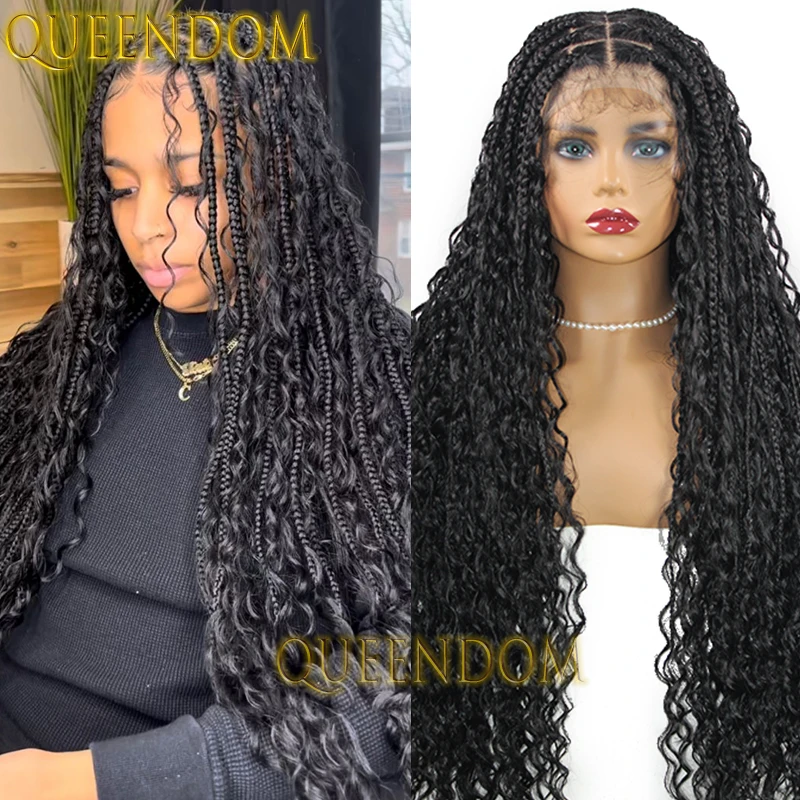 

Synthetic 32 Inch Long Bohemian Braid Wig Distressed Cornrow Plaits Braided Wig With Curly Ends Full Lace Crochet Box Braids Wig